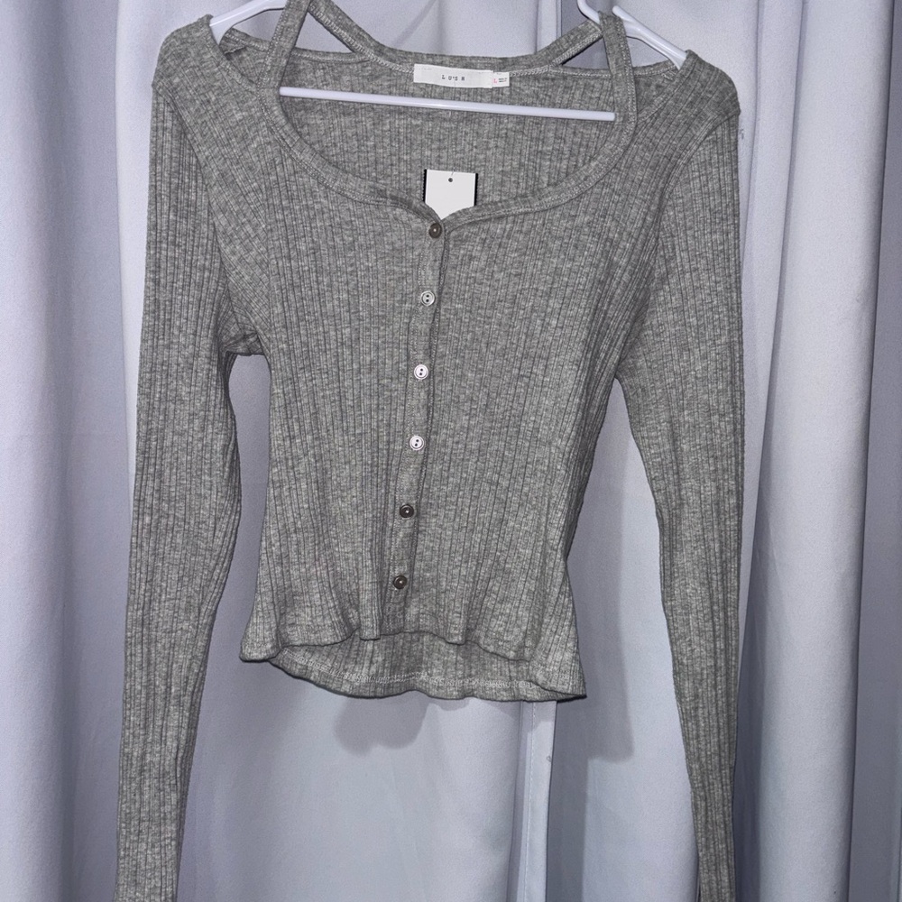 Lush Gray Ribbed Button‎ Down Shirt